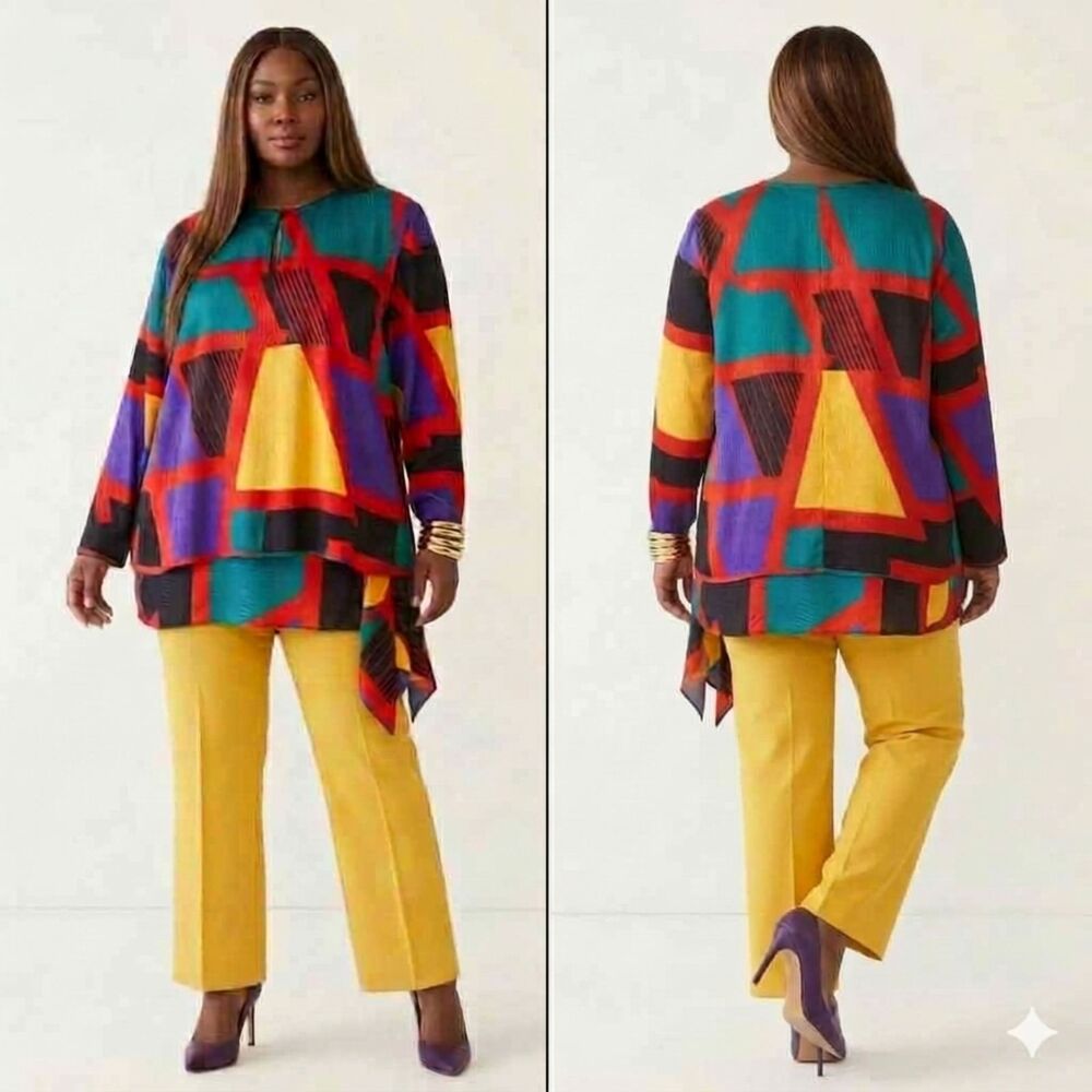 Vintage 80s 90s Abstract Colorblock Blouse 2X Plus Size or Oversized Tunic Dress